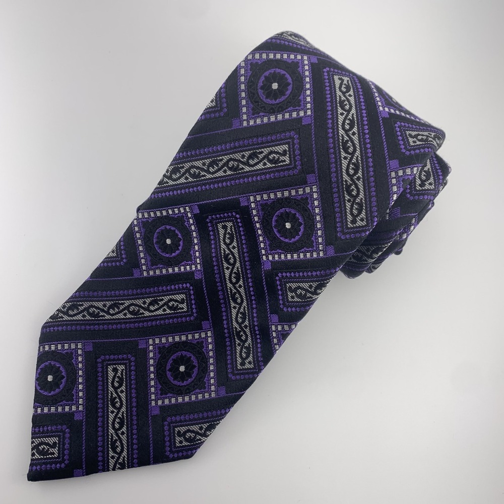 Santorelli Mens Tie Black Purple & Silver Geometric Paisley‎ 100% Silk Necktie